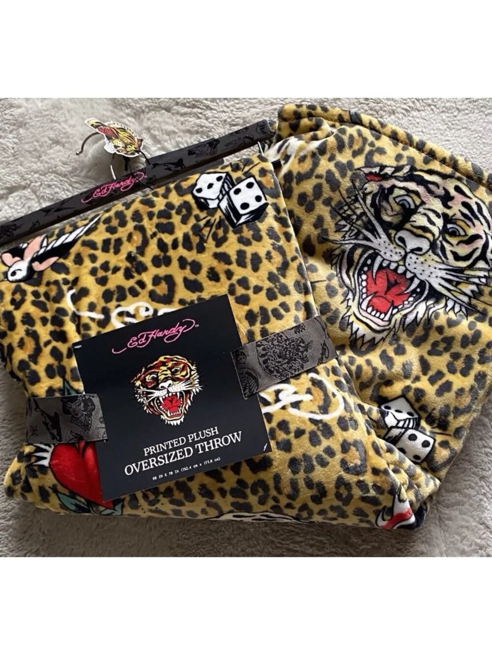 Ed Hardy Animal‎ Print Plush Oversized Throw Blanket Tiger Heart  Bird Dice NEW